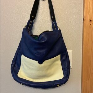 Oryany Adele Hobo-Style Bag in Royal Blue Pebbled Leather with Blue/Cream Design
